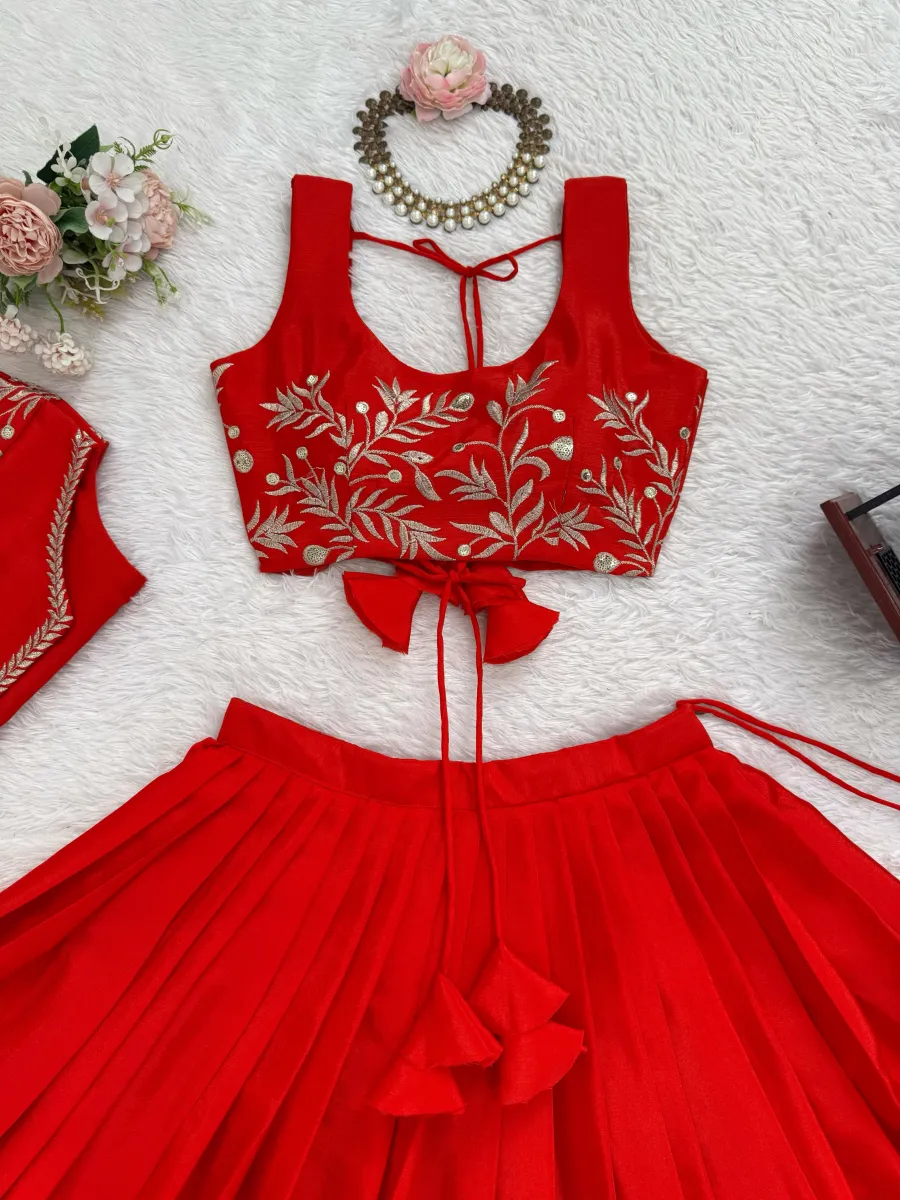 MODERN CHINON SILK PLAIN LEHENGA WITH THREAD & SEQUENCE EMBROIDERY WORK UNSTITCHED CHOLI AND KOTI WEDDING WEAR WHOLESALE PRICE ETHNIC GARMENT (11)