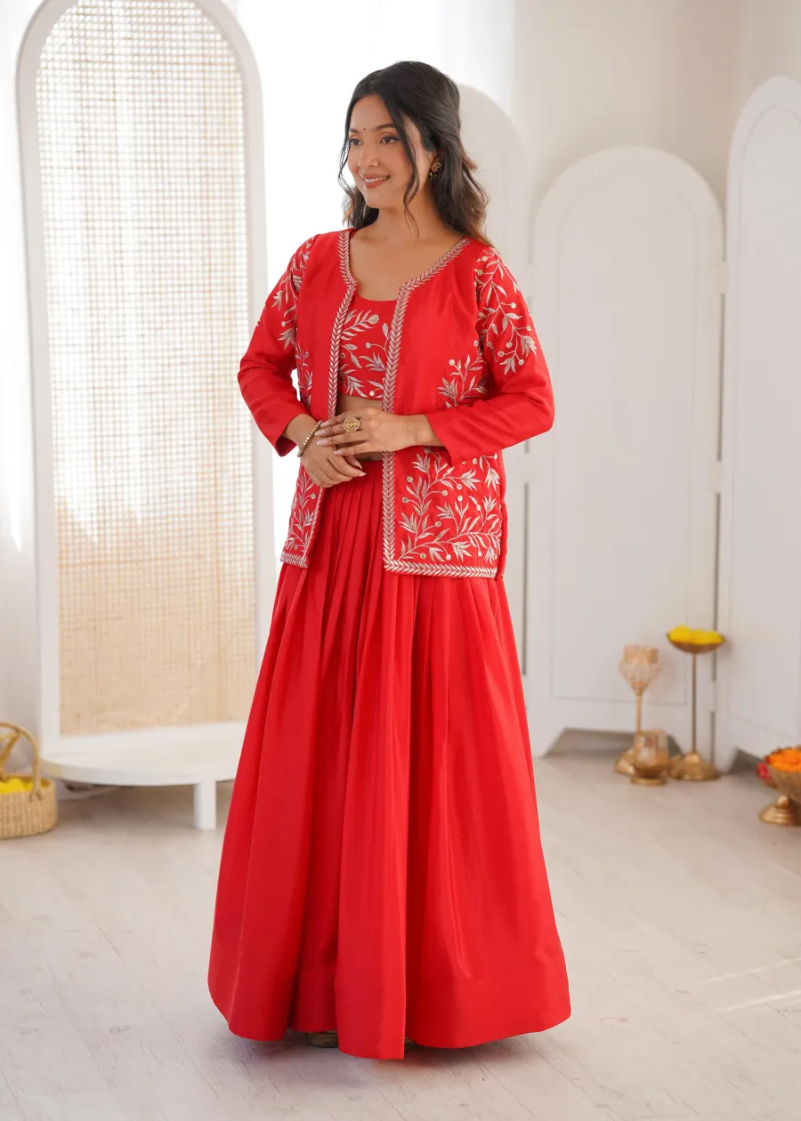 MODERN CHINON SILK PLAIN LEHENGA WITH THREAD & SEQUENCE EMBROIDERY WORK UNSTITCHED CHOLI AND KOTI WEDDING WEAR WHOLESALE PRICE ETHNIC GARMENT (2)