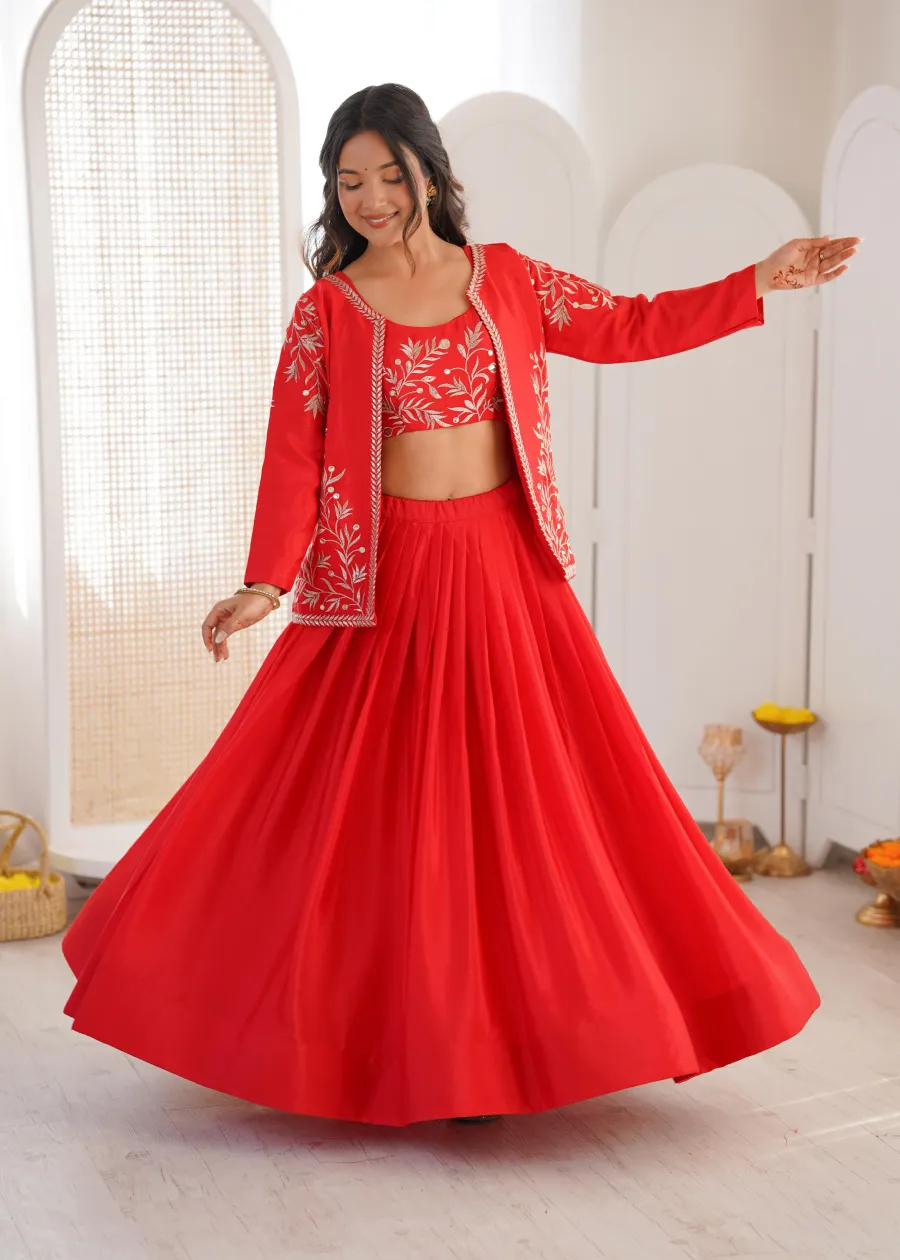 MODERN CHINON SILK PLAIN LEHENGA WITH THREAD & SEQUENCE EMBROIDERY WORK UNSTITCHED CHOLI AND KOTI WEDDING WEAR WHOLESALE PRICE ETHNIC GARMENT (3)