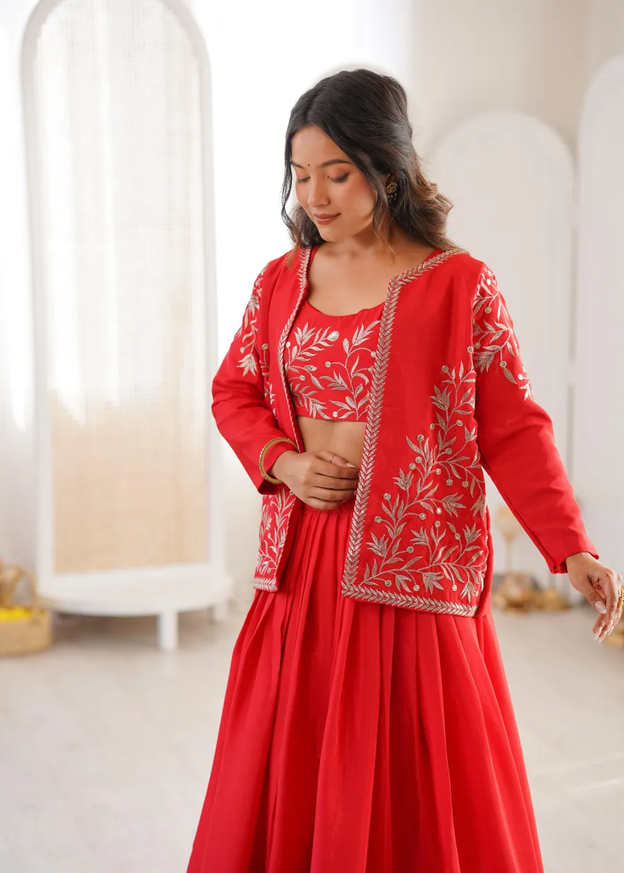 MODERN CHINON SILK PLAIN LEHENGA WITH THREAD & SEQUENCE EMBROIDERY WORK UNSTITCHED CHOLI AND KOTI WEDDING WEAR WHOLESALE PRICE ETHNIC GARMENT (8)