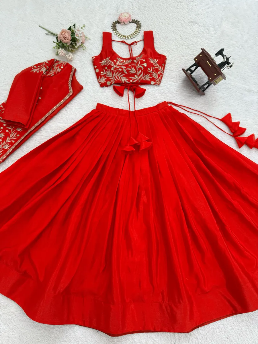 MODERN CHINON SILK PLAIN LEHENGA WITH THREAD & SEQUENCE EMBROIDERY WORK UNSTITCHED CHOLI AND KOTI WEDDING WEAR WHOLESALE PRICE ETHNIC GARMENT (9)