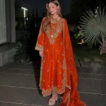 MODERN CHINON SILK THREAD & SEQUENCE EMBROIDERY WORK TOP, BLOUSE ,BOTTOM AND WITH DUPATTA ORANGE