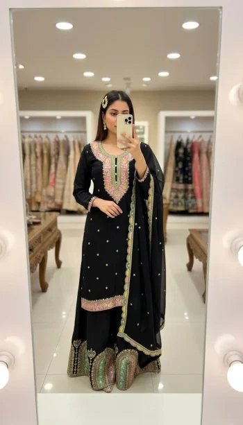 MODERN CHINON SILK ZARI AND THREAD EMBROIDERY WORK TOP PALAZZO WITH DUPATTA BLACK