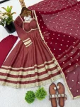 MODERN COSMOS GOLD LACE WORK WITH KALI CUTTING WORK GOWN BOTTOM WITH DUPATTA WEDDING WEAR WHOLESALE PRICE ETHNIC GARMENT (3)