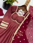 MODERN COSMOS GOLD LACE WORK WITH KALI CUTTING WORK GOWN BOTTOM WITH DUPATTA WEDDING WEAR WHOLESALE PRICE ETHNIC GARMENT (3)