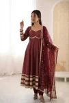 MODERN COSMOS GOLD LACE WORK WITH KALI CUTTING WORK GOWN BOTTOM WITH DUPATTA  MAROON