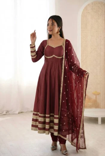 MODERN COSMOS GOLD LACE WORK WITH KALI CUTTING WORK GOWN BOTTOM WITH DUPATTA  MAROON