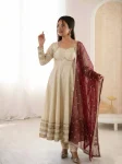 MODERN COSMOS GOLD LACE WORK WITH KALI CUTTING WORK GOWN BOTTOM WITH DUPATTA CREAM AND MAROON