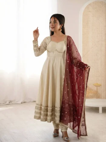 MODERN COSMOS GOLD LACE WORK WITH KALI CUTTING WORK GOWN BOTTOM WITH DUPATTA CREAM AND MAROON