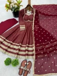 MODERN COSMOS GOLD LACE WORK WITH KALI CUTTING WORK GOWN BOTTOM WITH DUPATTA WEDDING WEAR WHOLESALE PRICE ETHNIC GARMENT (3)