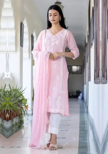MODERN COTTON EMBROIDERY AND ROUND NECK WITH BUTTON WORK TOP BOTTOM WITH DUPATTA BABY PINK