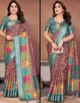 MODERN COTTON SILK DIGITAL PRINT & JACQUARD HEAVY BORDER WORK SAREE WITH UNSTITCHED BLOUSE MULTI