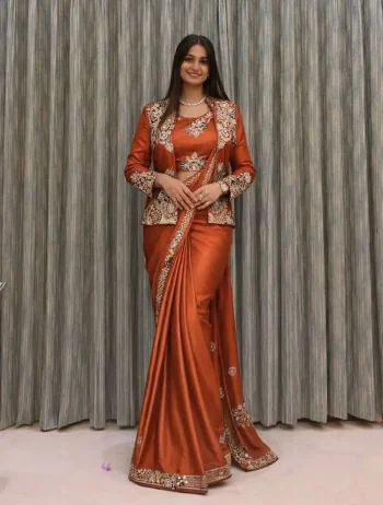 MODERN CREPE SATIN EMBROIDERY WORK READY TO WEAR SAREE WITH STITCHED BLOUSE AND KOTI ORANGE