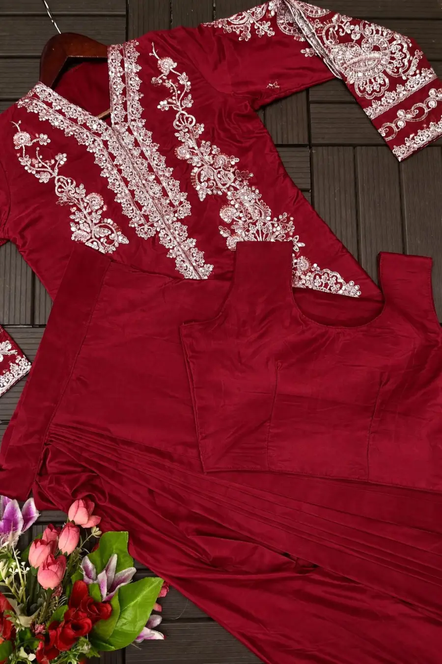 MODERN CREPE SATIN PLAIN DRAPE SKIRT WITH STITCHED BLOUSE AND EMBROIDERY WORK KOTI PARTY WEAR WHOLESALE PRICE ETHNIC GARMENT (1)