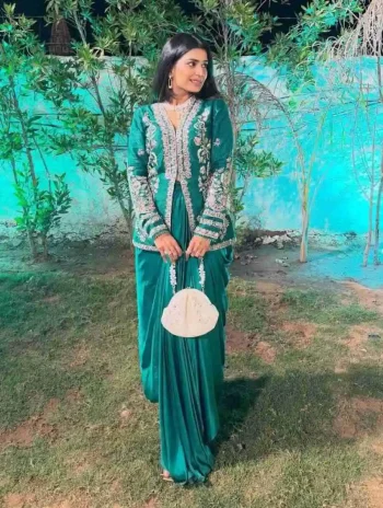 MODERN CREPE SATIN PLAIN DRAPE SKIRT WITH STITCHED BLOUSE AND EMBROIDERY WORK KOTI RAMA
