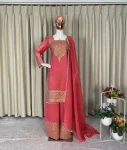 MODERN CRUNCHY CODING WITH SEQUENCE EMBROIDERY WORK TOP PALAZZO WITH DUPATTA PINK