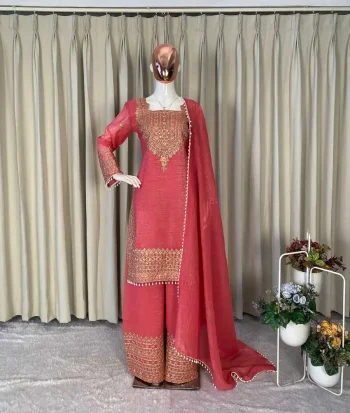 MODERN CRUNCHY CODING WITH SEQUENCE EMBROIDERY WORK TOP PALAZZO WITH DUPATTA PINK
