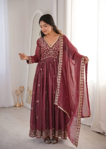 MODERN CRUNCHY SEQUENCE EMBROIDERY WORK GOWN BOTTOM WITH DUPATTA BROWN