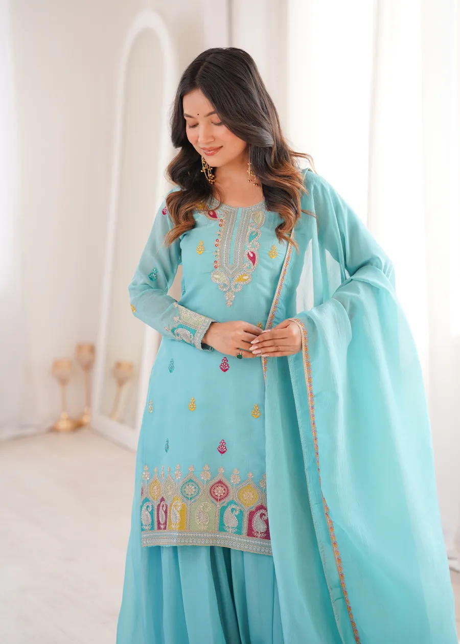 MODERN CRUNCHY SILK EMBROIDERY SEQUENCE,THREAD AND JARI WORK TOP PALAZZO WITH DUPATTA FESTIVE WEAR WHOLESALE PRICE ETHNIC GARMENT (1)