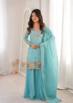 MODERN CRUNCHY SILK EMBROIDERY SEQUENCE,THREAD AND JARI WORK TOP PALAZZO WITH DUPATTA SKY