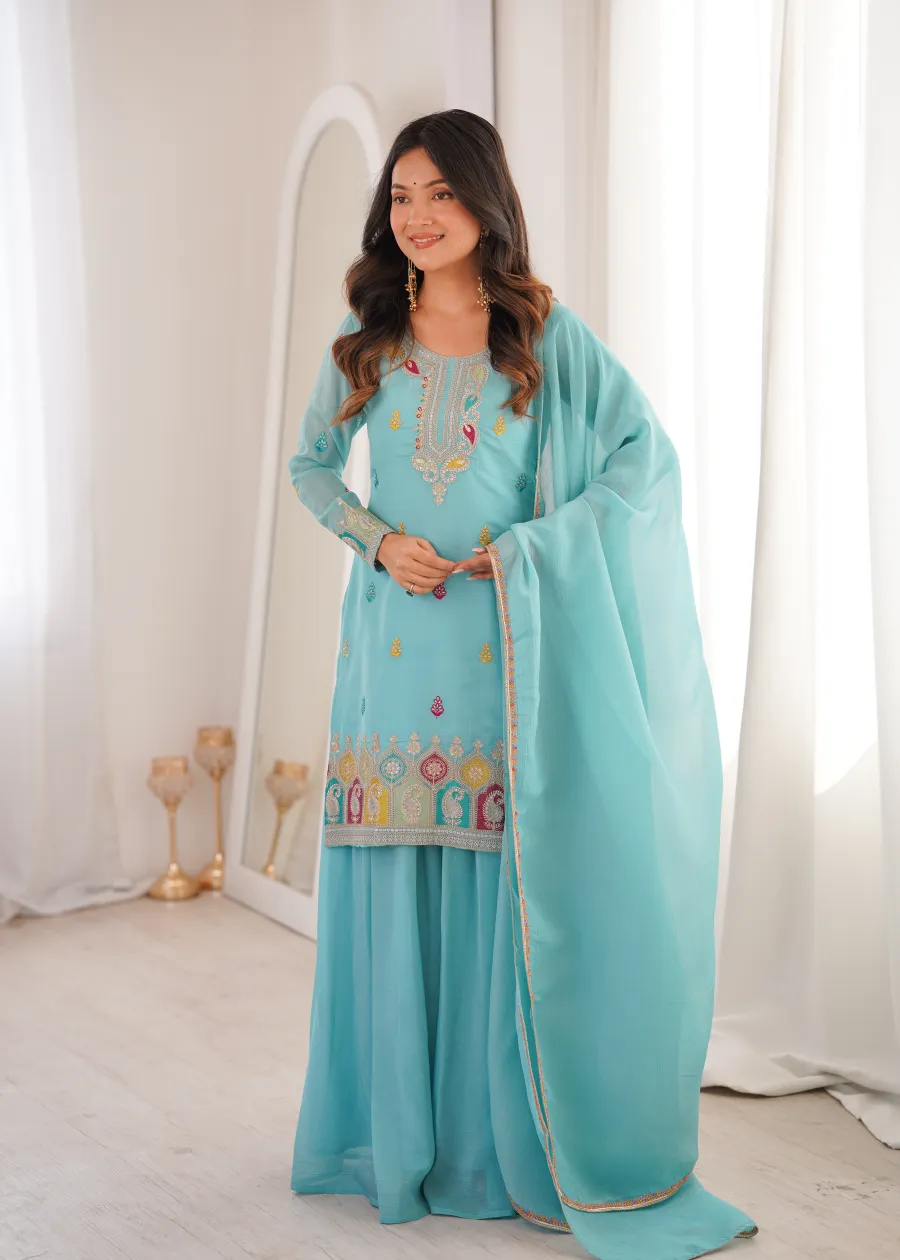 MODERN CRUNCHY SILK EMBROIDERY SEQUENCE,THREAD AND JARI WORK TOP PALAZZO WITH DUPATTA FESTIVE WEAR WHOLESALE PRICE ETHNIC GARMENT (14)