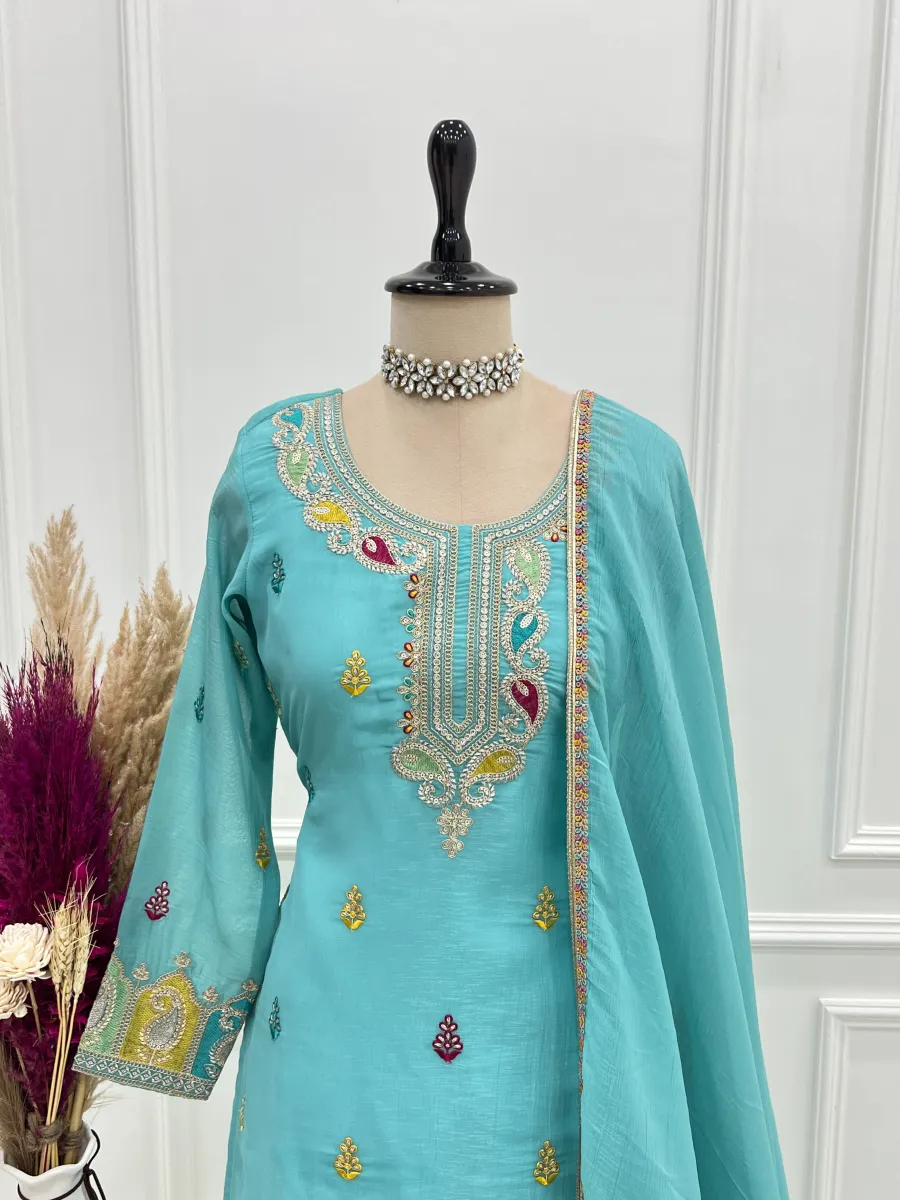 MODERN CRUNCHY SILK EMBROIDERY SEQUENCE,THREAD AND JARI WORK TOP PALAZZO WITH DUPATTA FESTIVE WEAR WHOLESALE PRICE ETHNIC GARMENT (8)