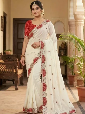 MODERN CRUSH SILK ZARI SEQUENCE EMBROIDERY WITH BANDHNI PATCH AND ZARI BORDER WORK SAREE WITH UNSTITCHED BLOUSE WHITE