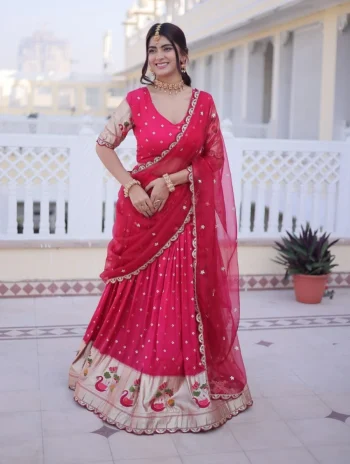 MODERN DOLA SILK MEENA WEAVING WITH SEQUENCE CODING EMBROIDERY LACE WORK LEHENGA CHOLI WITH DUPATTA RANI
