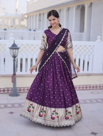 MODERN DOLA SILK MEENA WEAVING WITH SEQUENCE CODING EMBROIDERY LACE WORK LEHENGA CHOLI WITH DUPATTA PURPLE