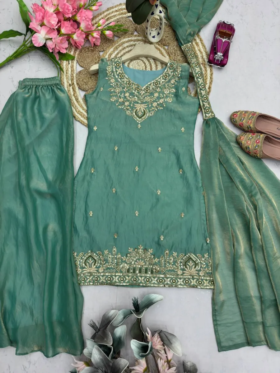 MODERN FANDY SILK EMBROIDERY SEQUENCE WORK TOP PALAZZO WITH DUPATTA WEDDING WEAR WHOLESALE PRICE ETHNIC GARMENT (1)