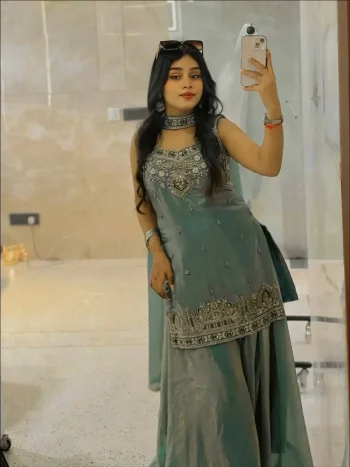 MODERN FANDY SILK EMBROIDERY SEQUENCE WORK TOP PALAZZO WITH DUPATTA RAMA
