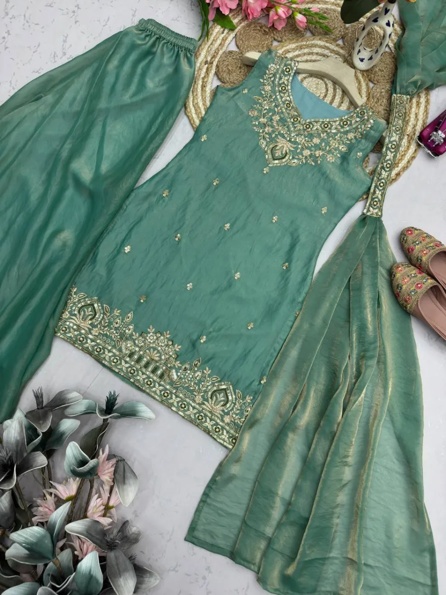 MODERN FANDY SILK EMBROIDERY SEQUENCE WORK TOP PALAZZO WITH DUPATTA WEDDING WEAR WHOLESALE PRICE ETHNIC GARMENT (16)