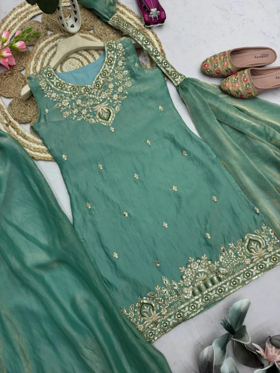 MODERN FANDY SILK EMBROIDERY SEQUENCE WORK TOP PALAZZO WITH DUPATTA WEDDING WEAR WHOLESALE PRICE ETHNIC GARMENT (17)