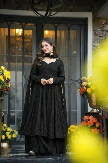 MODERN FAUX BLOOMING SEQUENCE & ZARI THREAD EMBROIDERY WORK GOWN PALAZZO WITH DUPATTA BLACK
