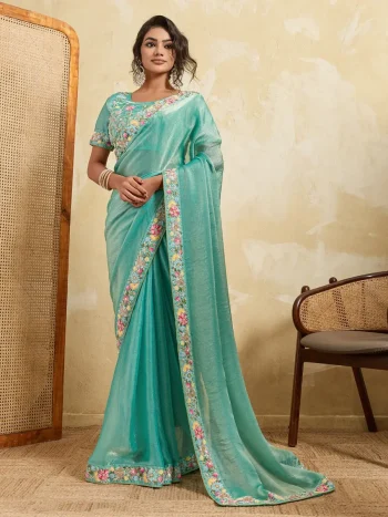 MODERN FENDY CHIFFON BEADS EMBROIDERY WORK LACE BORDER  SAREE WITH UNSTITCHED BLOUSE RAMA