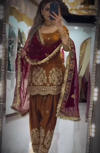 MODERN FENDY CRUSH SILK EMBROIDERY THREAD & SEQUENCE WORK TOP PATIYALA WITH DUPATTA MUSTARD