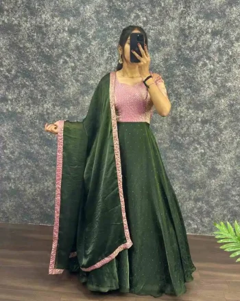 MODERN FENDY EMBROIDERY SEQUENCE WORK GOWN WITH DUPATTA GREEN