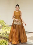 MODERN FENDY PLAIN LEHENGA CHOLI WITH BEADS WORK FRONT AND BACK WITH ARC BORDER WORK KOTI MUSTARD