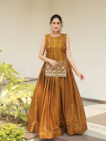 MODERN FENDY PLAIN LEHENGA CHOLI WITH BEADS WORK FRONT AND BACK WITH ARC BORDER WORK KOTI MUSTARD