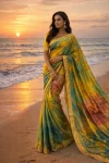 MODERN FENDY SATIN EMBROIDERY WORK SAREE WITH UNSTITCHED BLOUSE LEMON
