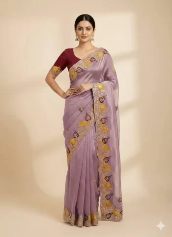 MODERN FENDY SATIN SEQUENCE AND MULTI THREAD WORK SAREE WITH UNSTITCHED BLOUSE LAVENDER
