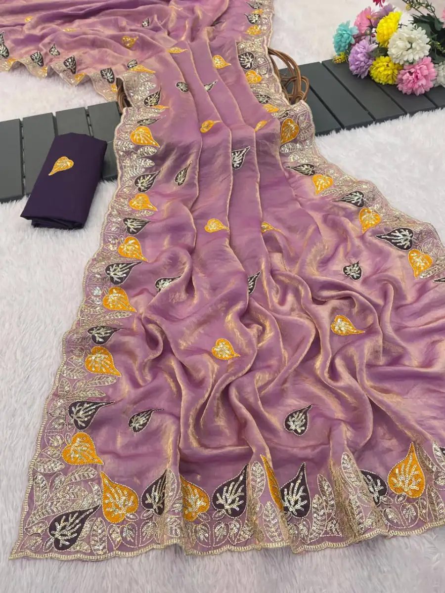 MODERN FENDY SATIN SEQUENCE AND MULTI THREAD WORK SAREE WITH UNSTITCHED BLOUSE FESTIVE WEAR WHOLESALE PRICE ETHNIC GARMENT (6)