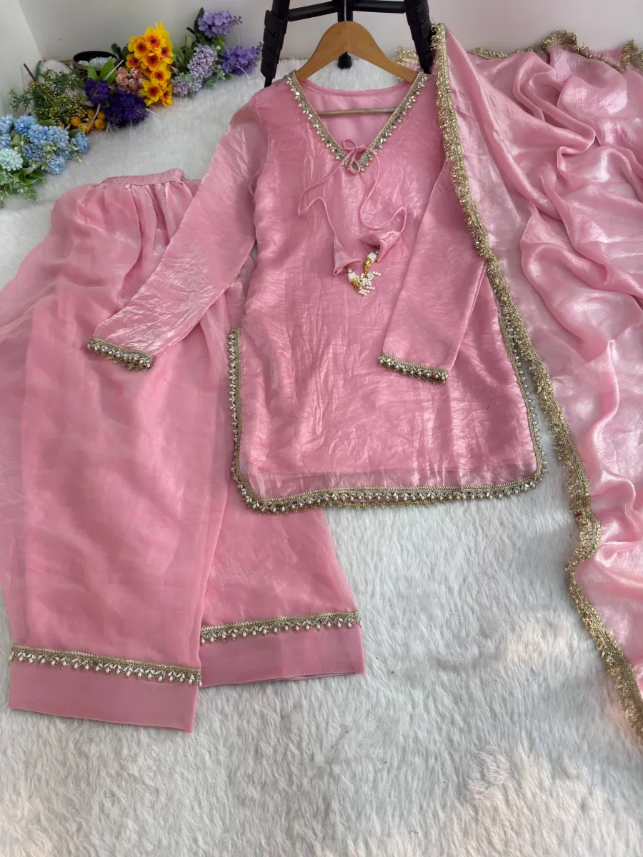 MODERN FENDY SATIN SILK HAND MADE REAL MIRROR PEARL MOTI LACE WORK TOP PATIYALA WITH DUPATTA FESTIVE WEAR WHOLESALE PRICE ETHNIC GARMENT (15)