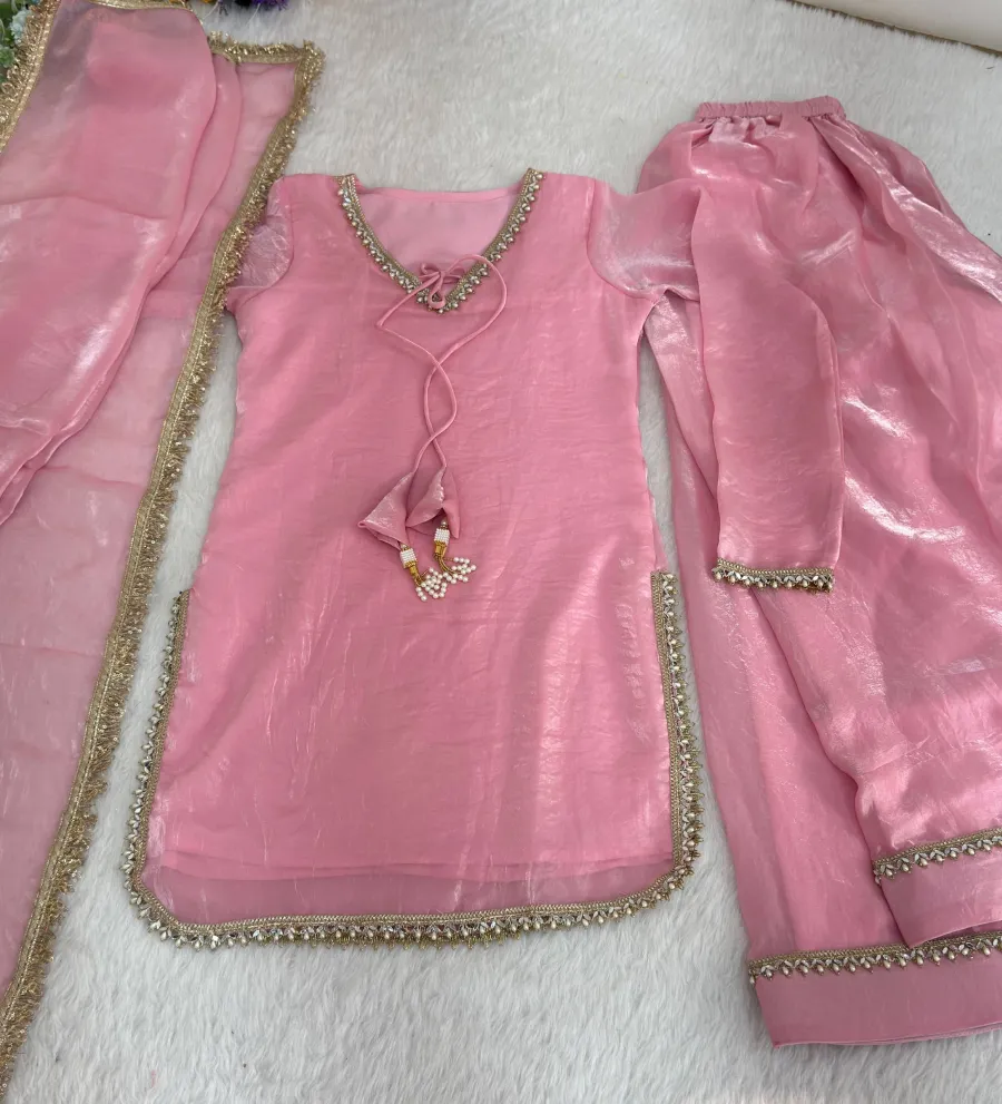 MODERN FENDY SATIN SILK HAND MADE REAL MIRROR PEARL MOTI LACE WORK TOP PATIYALA WITH DUPATTA FESTIVE WEAR WHOLESALE PRICE ETHNIC GARMENT (17)