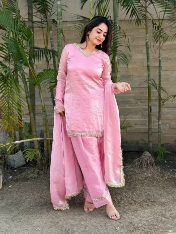 MODERN FENDY SATIN SILK HAND MADE REAL MIRROR PEARL  MOTI LACE WORK TOP PATIYALA WITH DUPATTA BABY PINK