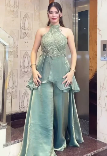 MODERN FENDY SILK BEADS HAND WORK AND MOTI WORK HIGH NECK TOP WITH PALAZZO SET RAMA