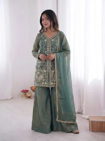 MODERN FENDY SILK EMBROIDERY SEQUENCE WORK TOP PALAZZO WITH DUPATTA RAMA