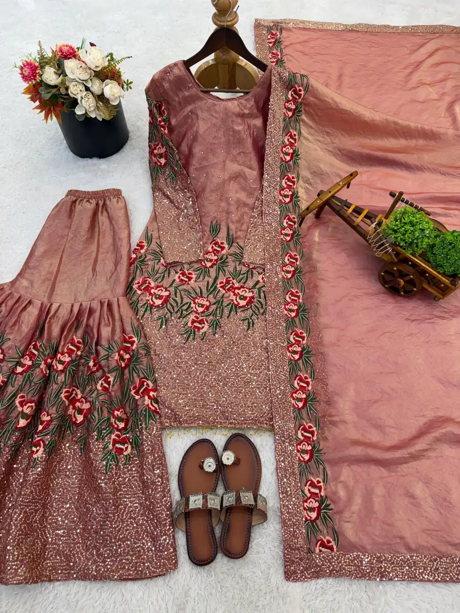 MODERN FENDY SILK EMBROIDERY SEQUENCE WORK WITH HAND WORK TOP SHARARA WITH DUPATTA FESTIVE WEAR WHOLESALE PRICE ETHNIC GARMENT (1)
