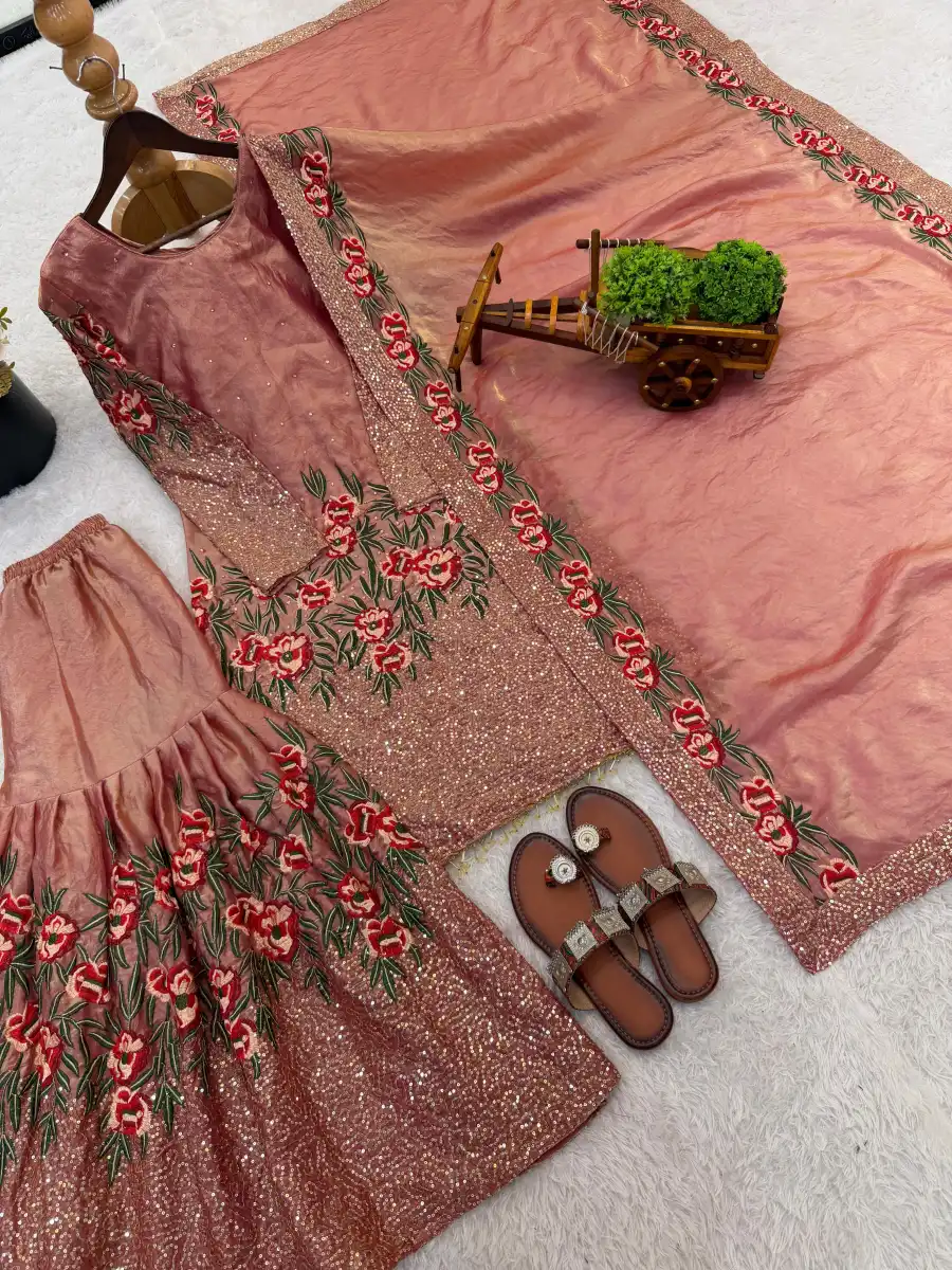 MODERN FENDY SILK EMBROIDERY SEQUENCE WORK WITH HAND WORK TOP SHARARA WITH DUPATTA FESTIVE WEAR WHOLESALE PRICE ETHNIC GARMENT (22)