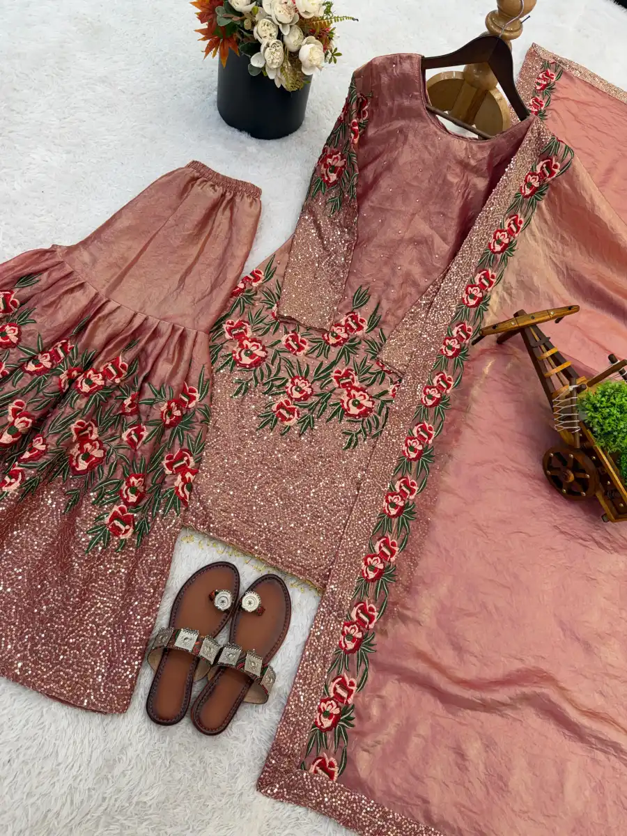 MODERN FENDY SILK EMBROIDERY SEQUENCE WORK WITH HAND WORK TOP SHARARA WITH DUPATTA FESTIVE WEAR WHOLESALE PRICE ETHNIC GARMENT (23)